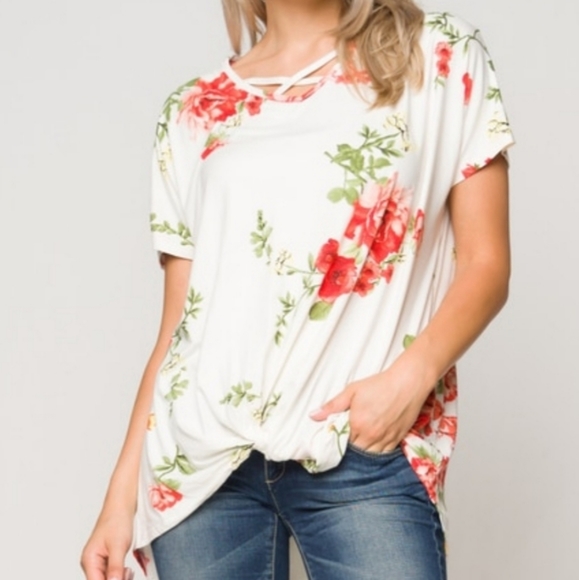 ❤Floral Knot Front Short Sleeve Tunic Top - Picture 3 of 3